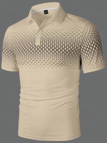 Manfinity Homme 男士米色夏季休閒幾何印花 Polo 衫，短袖四分之一排扣網眼鉤編高爾夫球衫，度假海灘夏威夷老錢風，正式 - 卡其色 - 查看 4