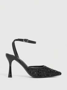 CUCCOO SZL Women's Sequin Mesh Closed Toe High Heel Sandals, Fashionable Casual Wear For Work, Summer/Autumn Valentine's Day - Black - View 3
