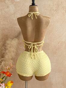 Soleia Bộ 2 món: Áo hai dây hở lưng đính hạt gỗ + Quần cạp thấp, phong cách Bohemian, Boho, lãng mạn, họa tiết hoa, thích hợp cho kỳ nghỉ, hẹn hò, ngày Valentine, lễ Phục sinh, lễ hội, tiệc trà chiều, đi biển, du thuyền, nghỉ mát thành phố. - Vàng nhạt - Xem 2