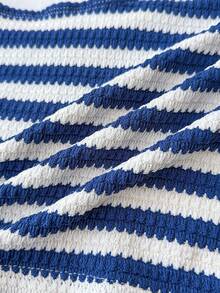 SHEIN Tween Girls Short Length Blue White Striped Knitted Asymmetrical Neck Tank Top And Shorts Co-Ords Two Piece Set Summer Two Piece Set For Kids Tween Girls Striped Two Piece Girls Striped Short Set - Blue and White - View 6