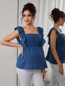 Momance Nursing Top With Flutter Sleeves, Square Neckline, Hidden Zippers On Front, A-Line Hem, Bow Tie Back, Cutout Design - Blue - View 4