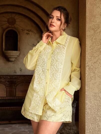 VOLUPTÉ CURVE 加大码春季套装，法式蕾丝拼接领宽松长袖米黄色优雅短裤，休闲通勤装