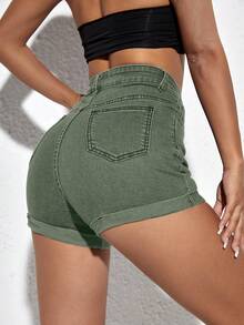 SHEIN ICON 女士纯色休闲牛仔短裤 - 軍綠色 - 查看 5