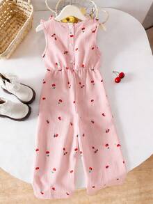 Genkimix Kids Young Girls Cute Cherry Print Camisole With Bow, Button Back Waist Tie Wide Leg Casual Jumpsuit - Pink - View 2