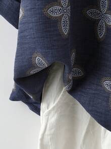 Linhara Plus Size Women's Early Spring Blue Linen Texture Casual Loose Shirt - Blue - View 6