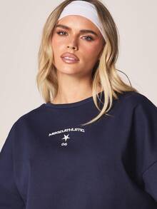 MISSGUIDED Sudadera de cuello redondo oversize con estampado de logo frontal y bajo acanalado, jersey casual de invierno - Azul Marino - Ver 4