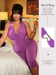 Bộ jumpsuit dài 3/4 ôm sát, gợi cảm, dây mảnh, chất liệu bóng, cỡ lớn dành cho nữ của NU&NOW, thích hợp cho Ngày Valentine. - Màu tím - Xem 7