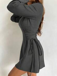 Aloruh 女士秋冬新款咖啡棕色旗袍领镂空迷你连衣裙，侧腰交叉系带A字裙 - 灰色 - 查看 5