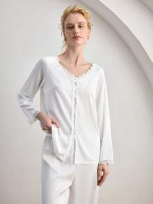Ocili Leisure Silky Satin Lace V-Neck Long Sleeve Pants Comfortable Minimalist Women Pajama Set - White - View 5