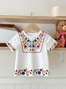 可爱甜美碎花女婴休闲简约短袖圆领T恤，适合春夏日常穿着，亲子装 - 彩色 - 查看 3