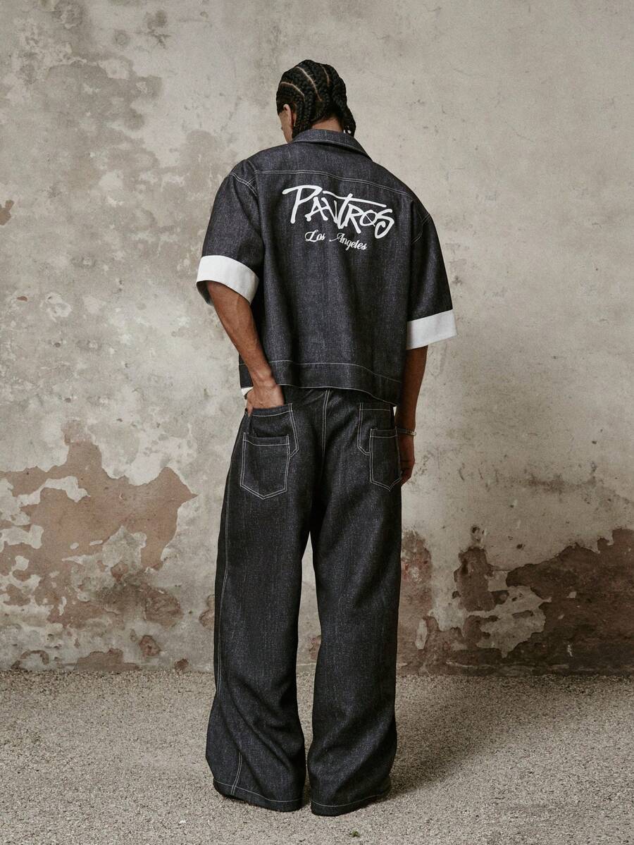 PAVTROS 日常街头服饰,夏季休闲青年仿牛仔短袖衬衫裤套装,热压印花和撞色袖口,宽松宽松的七分/阔腿版型,深牛仔灰色男士两件套,送给男友的理想礼物,适合夏季、情人节、春夏交替、送给男友的礼物、狂欢节、复古风、街头服饰、派对、圣帕特里克节、外出等场合。 - 黑色 - 查看 1