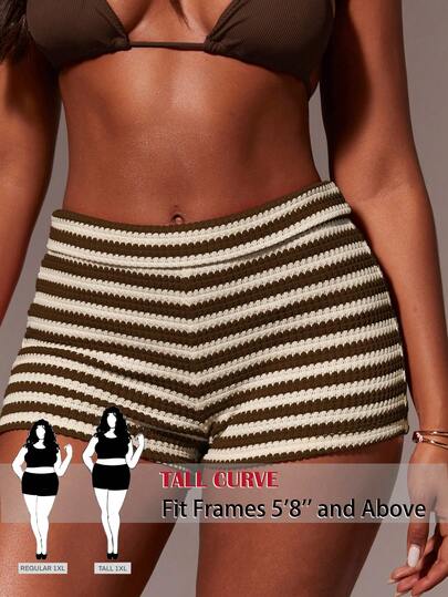 SHEIN Tall CURVE Plus Size Women Summer Casual Vacation Daily Commute Contrast Stripe Shorts