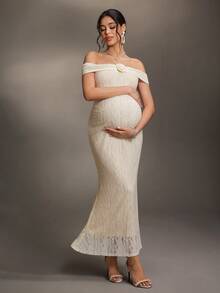 Cheriluna Maternity 孕妇3D立体花卉装饰露肩蕾丝修身写真连衣裙 - 杏色 - 查看 7