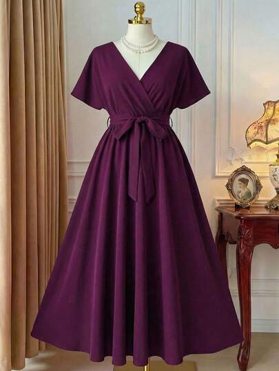 DreamSkyne Vestido elegante de talla grande de unicolor con cinturón cruzado a la cintura, apto para el verano