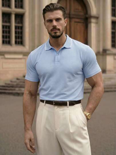 HIMLAND Men's Summer Casual Slim Fit Business Knit Short Sleeve Polo Shirt