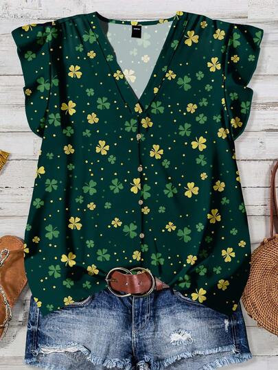 EMERY ROSE St. Patrick's Day Four-Leaf Clover All-Over Print Shirt, Casual & Minimalist Design, Suitable For Summer Women