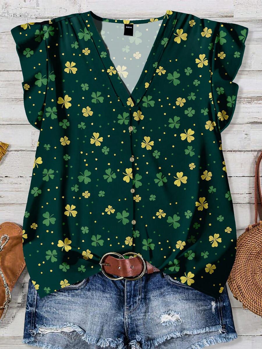 EMERY ROSE St. Patrick's Day Four-Leaf Clover All-Over Print Shirt, Casual & Minimalist Design, Suitable For Summer Women - Multicolor - View 1