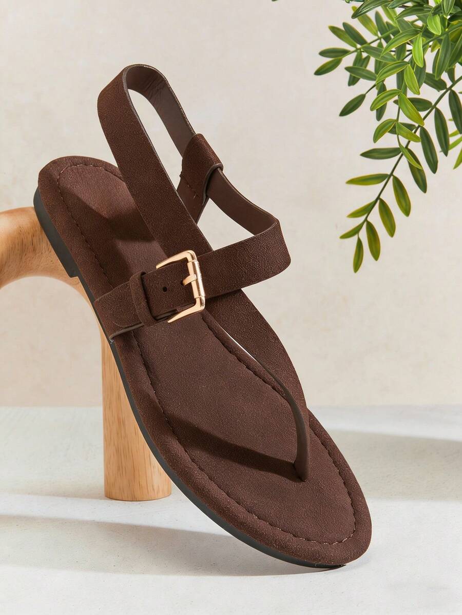 SHUZIA 女士搭扣舒适时尚日常沙滩度假平底人字拖 - 巧克力棕 - 查看 1