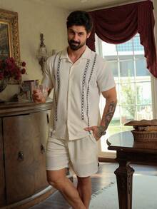 DAZY Men's Summer Short Sleeve Shirt And Shorts Geometric Pattern Pajama Set - Apricot - View 7