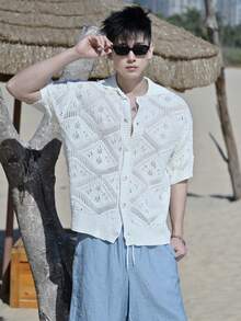 DAZY Men's Textured Jacquard Short Sleeve Cardigan Knit Top, Summer - Apricot - View 4