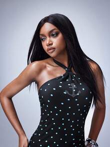 Y2Kool Maria Clara Maia Women's Ocean Polka Dot Blue & Black Contrast Color Rhinestone Halter Ruched Cutout Bodycon Mini Dress, Suitable For Beach, Island Resort, Party, Clubbing, Y2K Sexy Outfit - Black - View 3