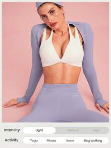 GLOWMODE FeatherFit™ Cropped Limitless Long Sleeve Tank Shrug Top With Thumbhole Low Impact Yoga Pilates Daily Summer - Purple - View 5