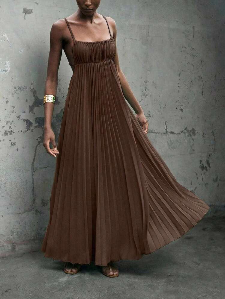 SHEIN Maija Women's Brown Casual Summer Dress, Modern Bohemian Solid Color Beach Outfit, Minimalist Sleeveless Pleated Tropical Holiday Dress, Elegant Women's Vacation Dress  St Patrick's Day Women Easter Summer Outfits Easter Dress Women Party Top Beach Dress Summer Holiday Outfits Each Vacation Outfits For Women  Summer Outfit For Women Going Out Outfits Graduation Graduation Outfit  Casual Dresses  Casual Blouses For Women