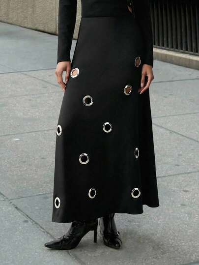 Maija Vestido negro de manga larga con diseño calado para mujer