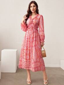 Mulvari 女士飘逸印花荷叶边连衣裙长款女装晚礼服 - 粉色 - 查看 4