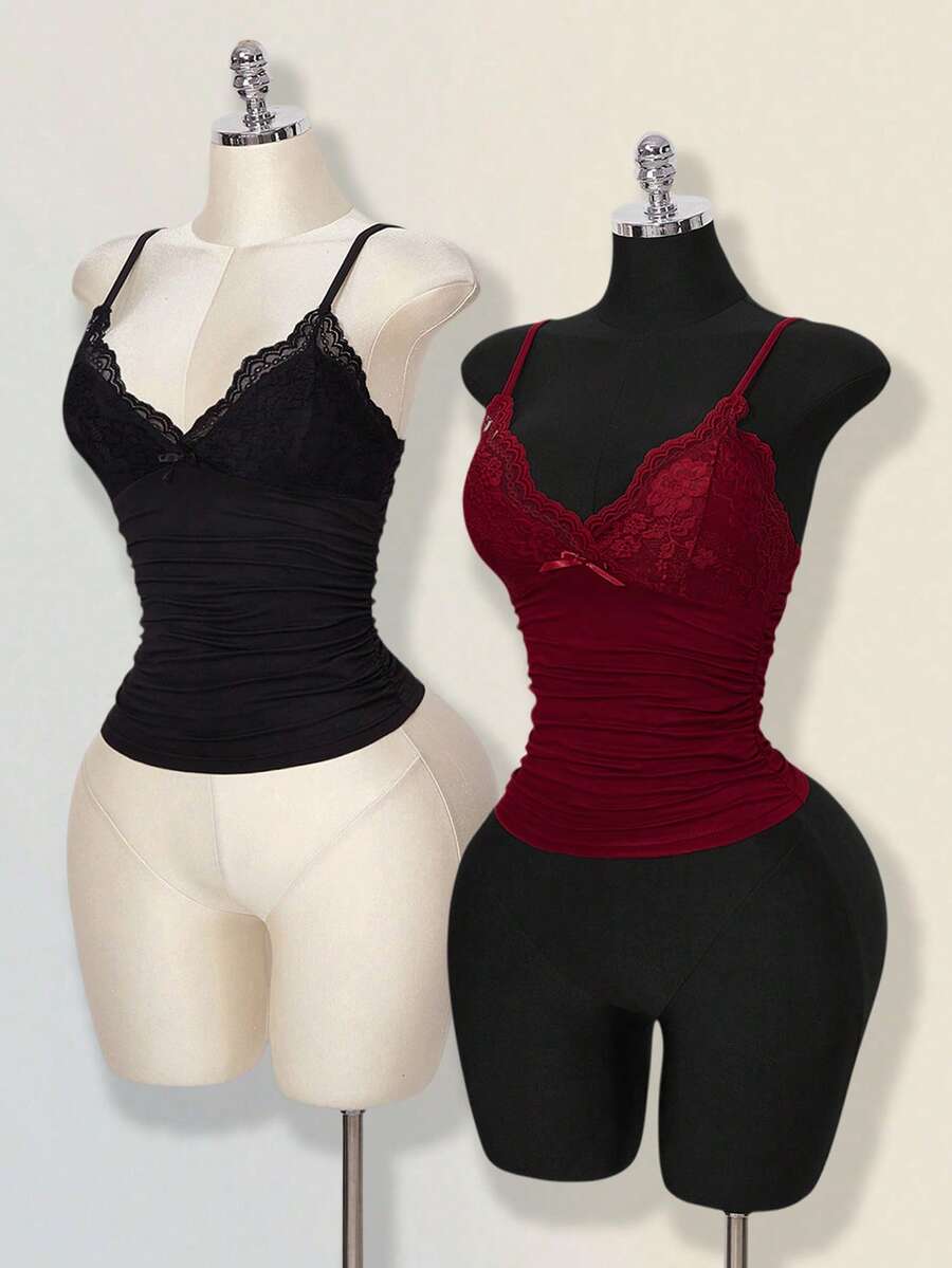 SHEIN ICON 女士纯色蕾丝拼接吊带背心 - 彩色 - 查看 1