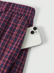 ROMWE MEN Street Life Men's Plaid Fashion Design Pleated Multi-Layer Plaid Shorts, Summer - Purple - View 6