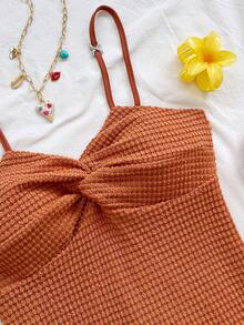 Soleia Women's Summer Vacation Solid Color Twist Strap Jumpsuit - Brown - View 4