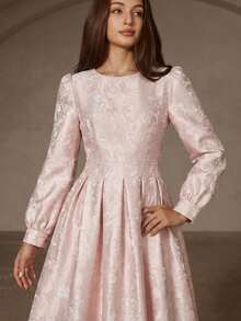 Aveloria Rosie Red & Black Contrast Color Jacquard Fabric Round Neck Waist Gathered Dress, Elegant Long Sleeve Women Dress - Pink - View 2