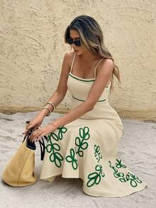 SHEIN Frenchy Women's Sleeveless Contrast Color Long Dress, Fashionable Summer,Summer Dress,Vacation Dress - Green - View 3