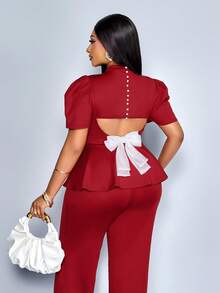 SOLERSUN Women's Elegant Party Summer Red And White Textured Puff Sleeve High Neck Backside Button Bow Cut-Out Waist Slim Fit Top & Long Pants Vintage Set - Burgundy - View 6