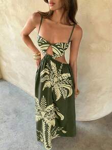 Aloruh 吊带镂空印花连衣裙，时尚夏季 - 軍綠色 - 查看 6