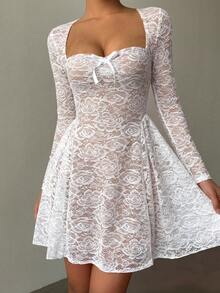 Aloruh 女士浪漫甜美蕾丝长袖A字蕾丝心形领连衣裙，配蝴蝶结褶皱性感迷你白色连衣裙，适合婚礼、度假、日常穿着 - 白色 - 查看 5