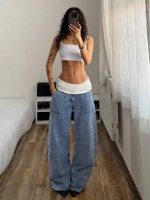 StreetHx Women's Casual Fashion Street Contrast Foldover Waist Loose Flare Leg Jeans, Suitable For Daily Commute Summer Holiday Outfits Casual Women Coachella Music Festival Barrel Jeans Valentine Day Banana Jeans Baggy Jeans Y2k Women Jeans Baggy Wide Leg Jeans Woman Loose Jeans Elastic Waist Jeans - Light Wash - View 3