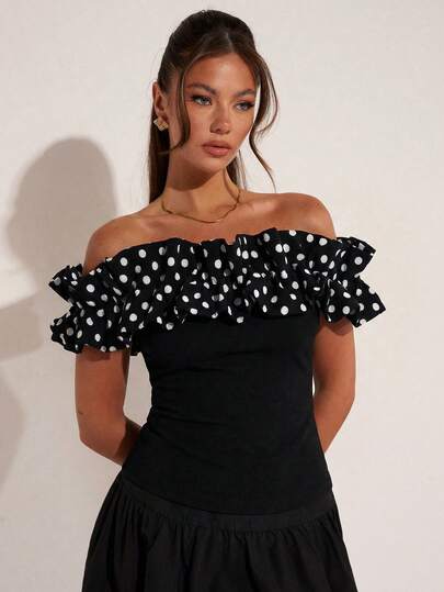COSMINA Women's Elegant Polka Dot Contrast Color Off-Shoulder Puff Sleeve Top, Versatile For Commute, Office, Outing, Valentine's Day, Party, Birthday