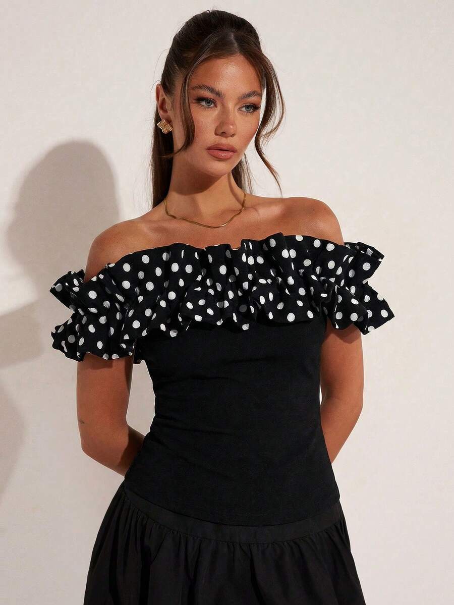 COSMINA Women's Elegant Black And White Polka Dot Off-Shoulder Puff Sleeve Top,Summer Chic Ruffle Contrast Color Fashion Top For Date Night,Office,Party - Black and White - View 1