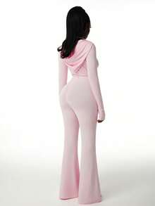 Amplova 女士连体连帽衫，性感褶皱露背长款连体裤，带帽设计，适合早春运动休闲穿着 - 粉色 - 查看 3