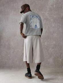 SUMWON 男士巴洛克印花鼠尾草绿短袖T恤，修身剪裁，饰有精美天使印花图案 - 藍色 - 查看 3