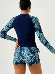 Swim Lushoire Women's Random Leaf Print Long Sleeve Zipper Vest & Spaghetti Strap Bikini Set, Beach Vacation - Multicolor - View 2