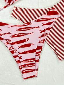 Swim Mod 2026 Spring/Summer Red Fish & Red/White Striped Halter Neck High Cut Sexy Bikini 4-Piece Set - Multicolor - View 5