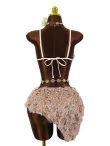 Bonvoyette 亮片女士比基尼泳装，性感泳装，带可拆卸裙摆，适合海滩度假，春夏款 - 杏色 - 查看 7