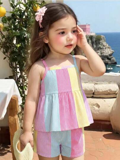 [ 2-Piece Set ] For Baby Girls Aged 6 Months To 2-3 Years Old, Rainbow Style Colorful Vertical Striped Patchwork Printed Suspender+Shorts Fabric Thin, Lively And Cute Two Pieces Set For Daily Outdoor And Summer Children's Clothing
