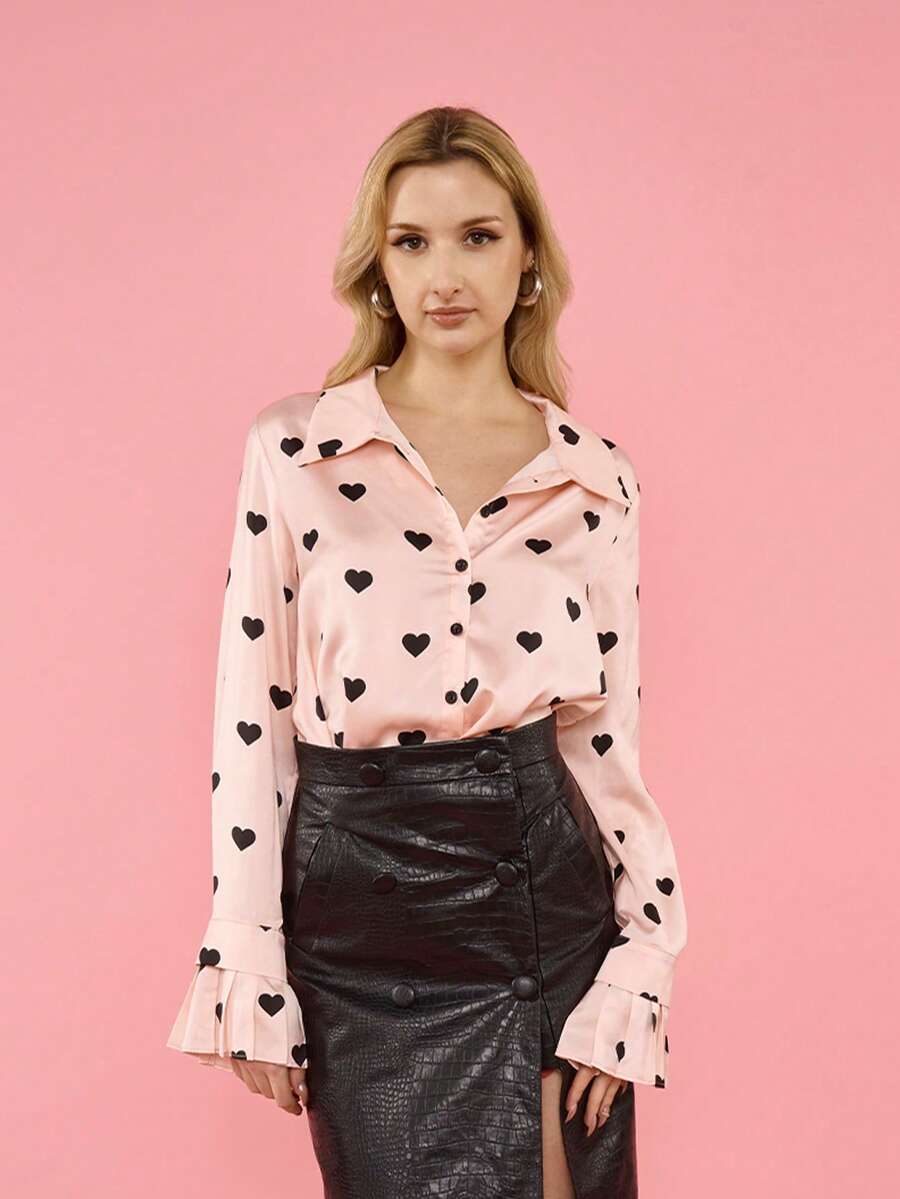 OverBlushhh Women's Satin Heart Print Button Front Long Sleeve, Shirt Blouse With Pleated Cuff, Pink, Work Blouse, Valentine's Day, Valentines, Date, Office, Party, Everyday Wear, Spring - Pink - View 1
