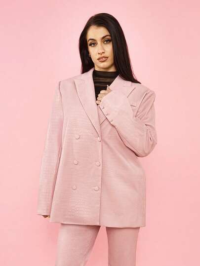 OverBlushhh Women's Pink Oversized Blazer Double Breasted Faux Leather Crocodile Effect Tailored Jacket With Shoulder Pads Back Slit Office, Party, Grunge, Cute, Y2K, Outwear, Everyday, Date, Party, Birthday, Valentine's Day, Valentine