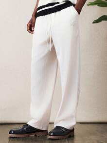 SUMWON Men Linen Feel Look Straight Pull On Drawstring Casual Pants Summer Elastic Waist Comfortable Loose Fit Relaxed Everyday Trousers - Apricot - View 1