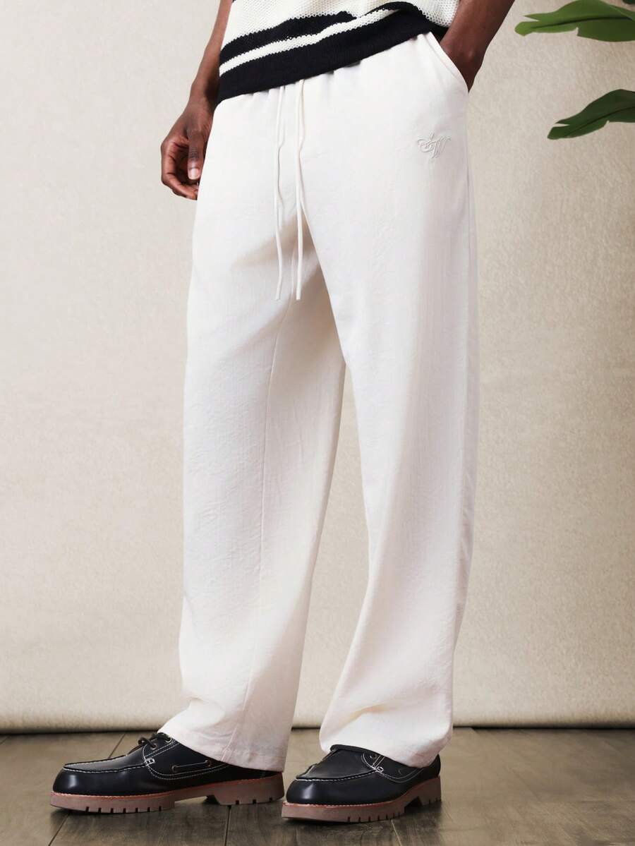SUMWON Men Linen Feel Look Straight Pull On Drawstring Casual Pants Summer Elastic Waist Comfortable Loose Fit Relaxed Everyday Trousers - Apricot - View 1
